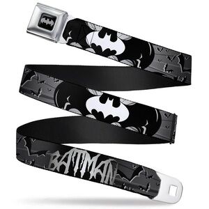 Batman Black Silver Seatbelt Belt - Bat Signals & Flying Bats BlackWhite Webbing